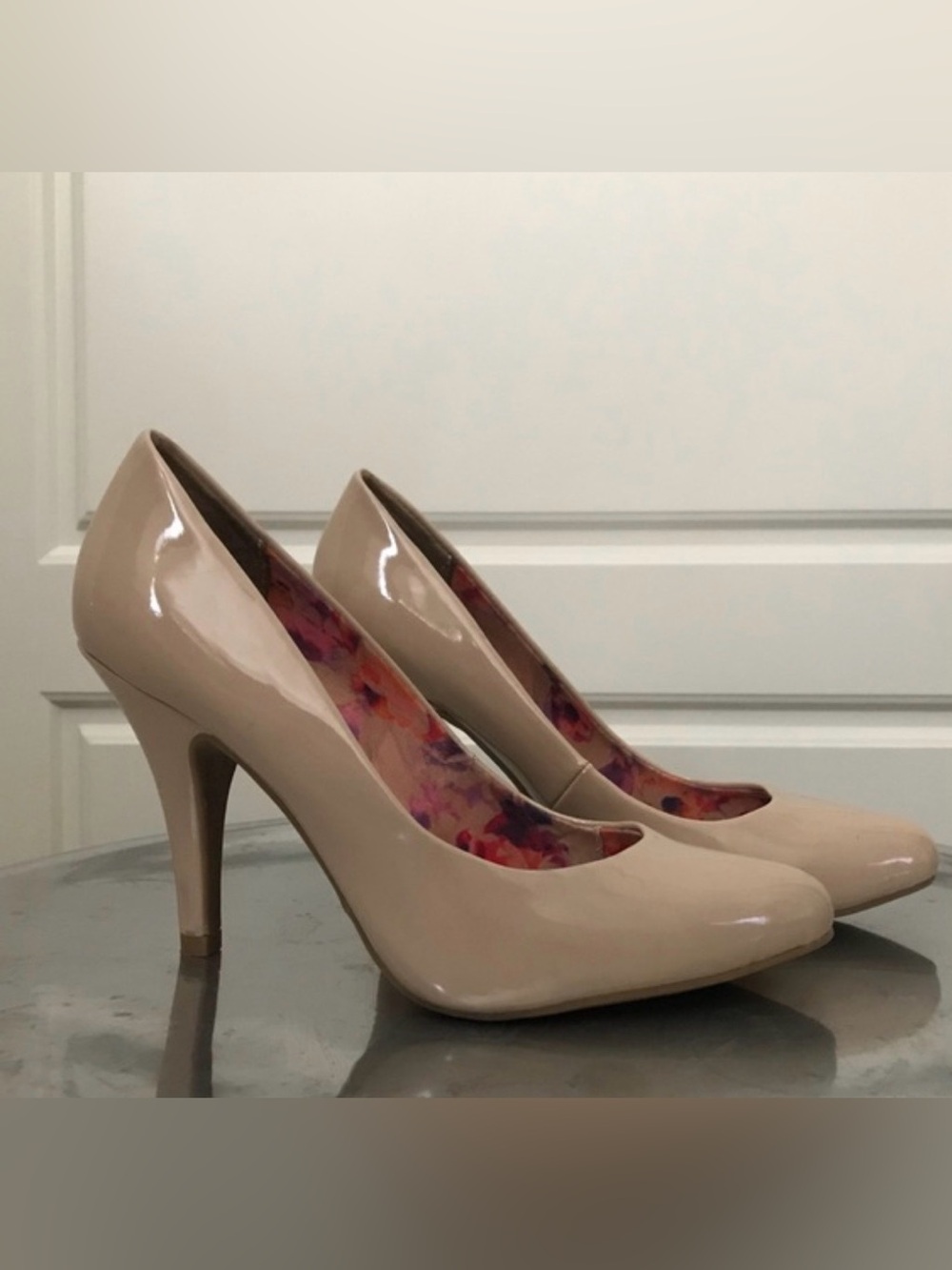 Fergalicious Nude Patent Peep-Toe Stilettos